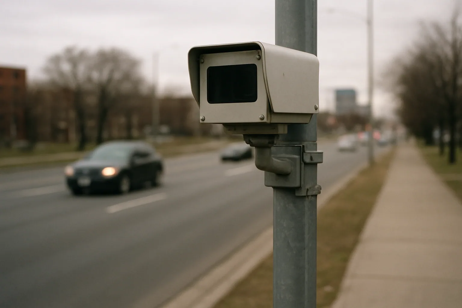 Una cámara de lectura automática de placas montada en un poste al borde de una avenida urbana con autos pasando de día.