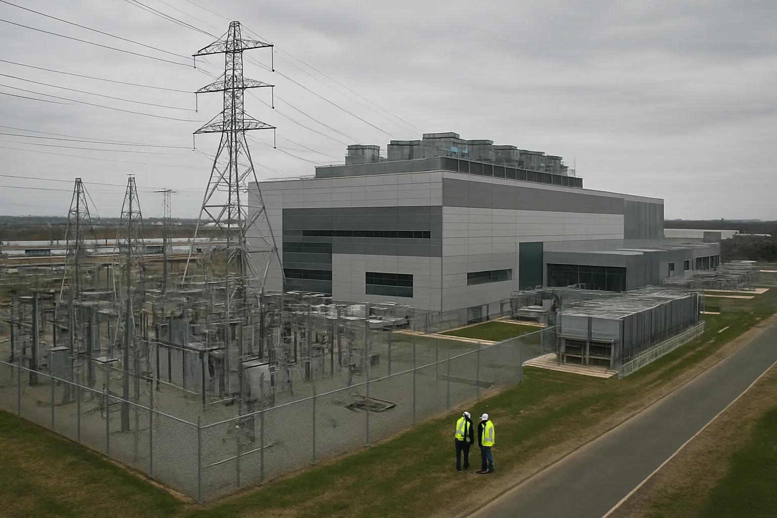 Vista de un centro de datos industrial junto a subestaciones eléctricas y líneas de alta tensión en una zona periurbana.