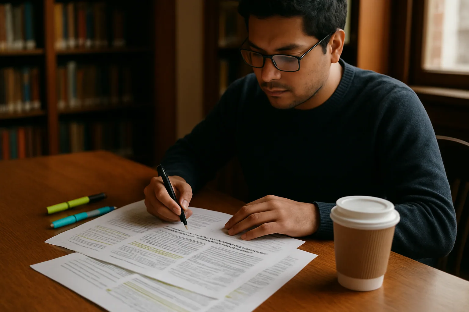 Una mesa de trabajo con cuadernos, impresiones de papers y una persona revisando notas sobre machine learning en una biblioteca.