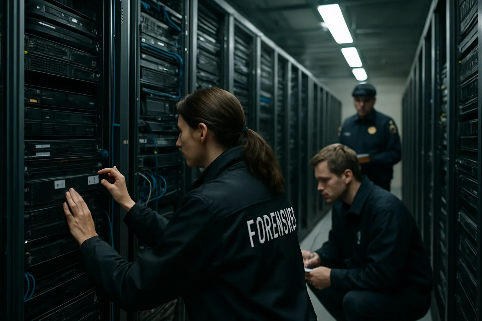 Un técnico de forense digital observa racks de servidores en un centro de datos mientras la policía inspecciona el lugar y toma evidencia.