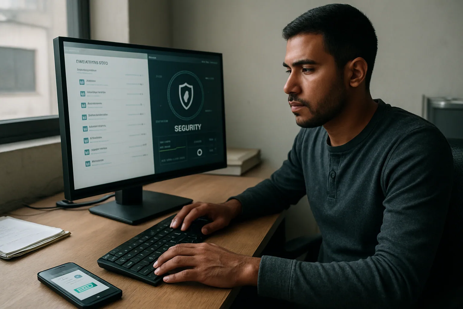 Persona revisando en una laptop varias descargas con nombres de herramientas de IA mientras una alerta de seguridad aparece en pantalla.