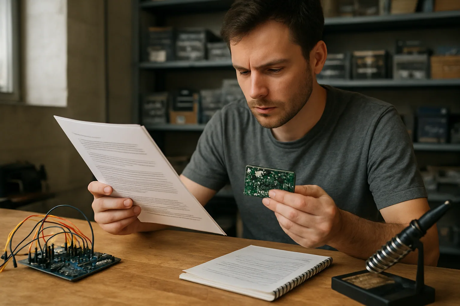 Mesa de trabajo maker con una placa Adafruit, una tarjeta de prototipado, herramientas electrónicas y documentos legales impresos al lado.