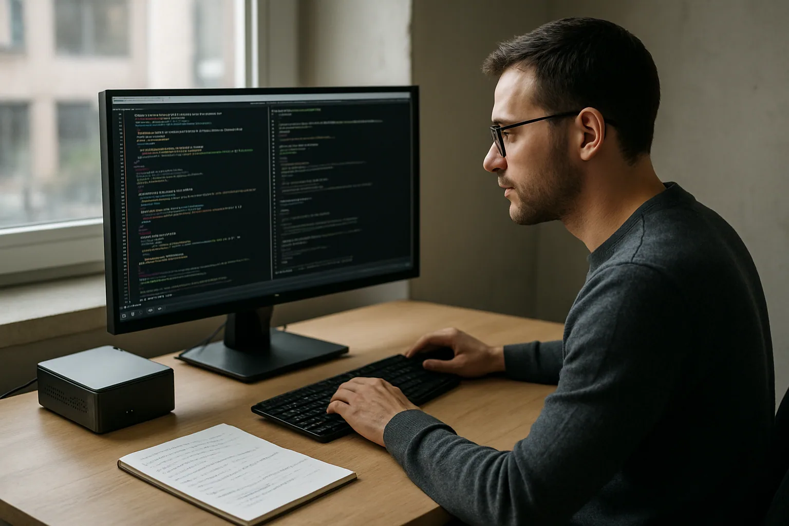 Una persona trabaja en una oficina con una pantalla mostrando terminales y un entorno Linux aislado en una máquina virtual mientras revisa código y permisos.