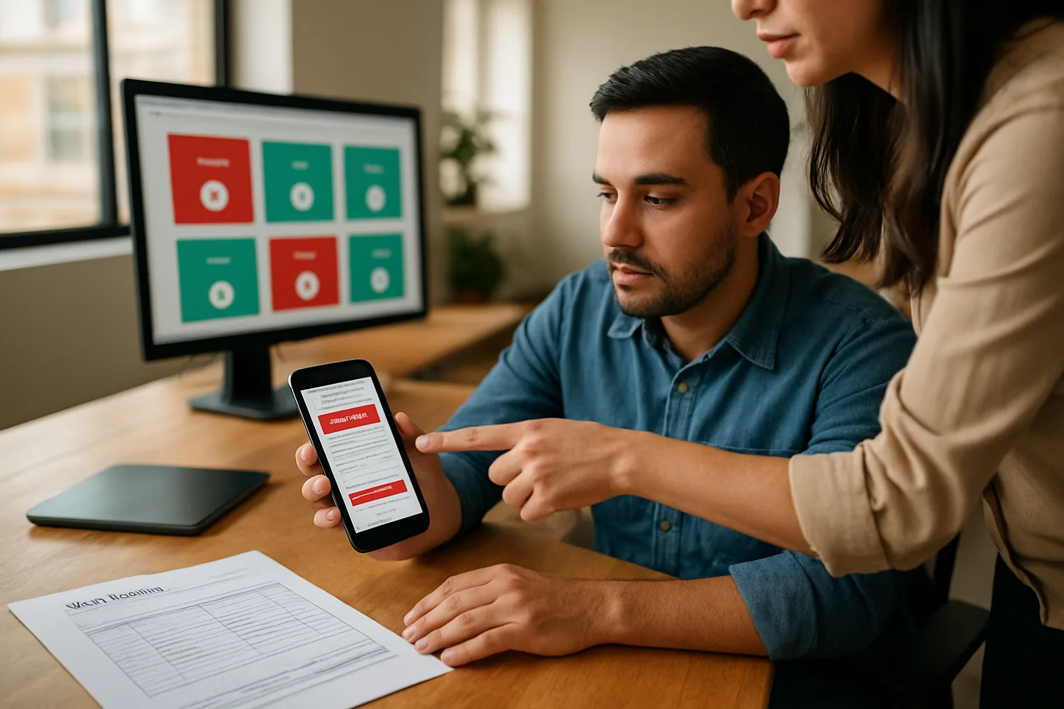 Una persona de QA revisa resultados de pruebas en un teléfono y una tablet junto a un panel con errores y capturas de pantalla en una mesa de trabajo.