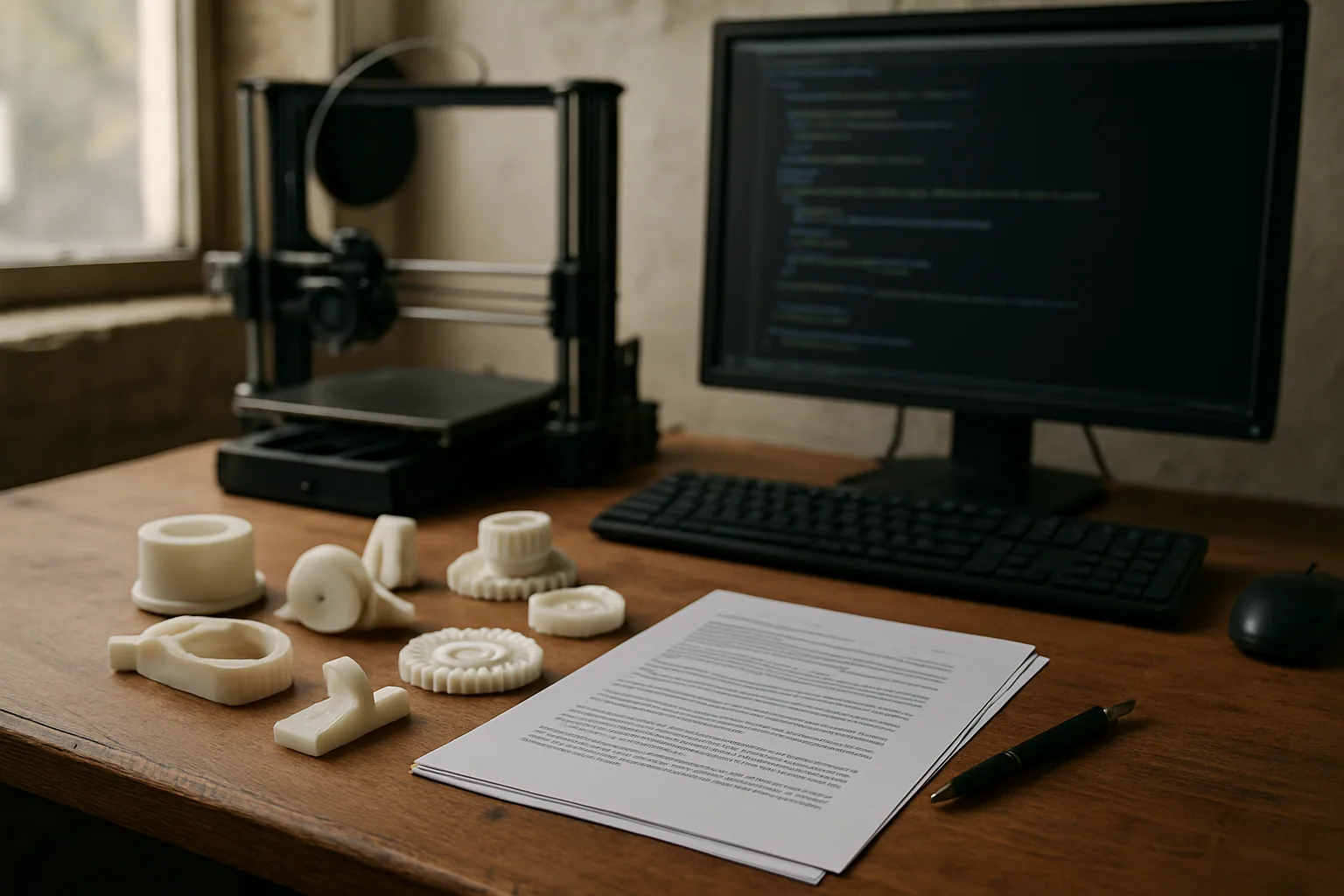 Una mesa de trabajo con una impresora 3D, una pantalla mostrando código y documentos de licencia abiertos junto a herramientas de desarrollo.