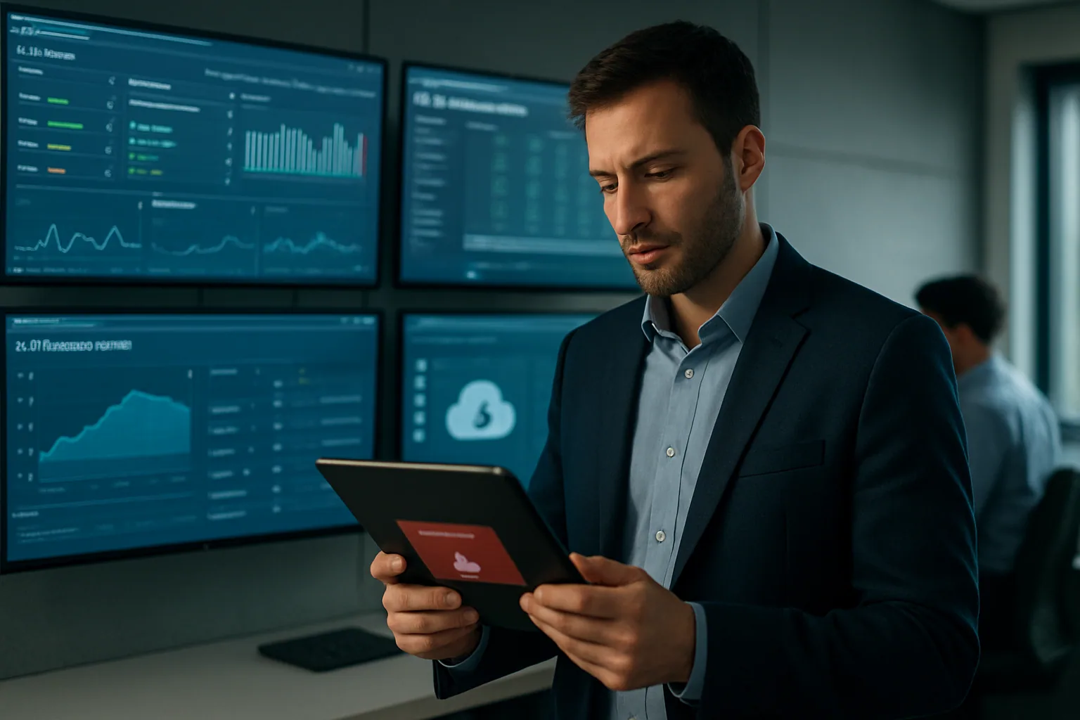 Un administrador de TI revisa una consola de seguridad en una oficina corporativa mientras aparece un servidor de SharePoint en una pantalla de monitoreo al fondo.
