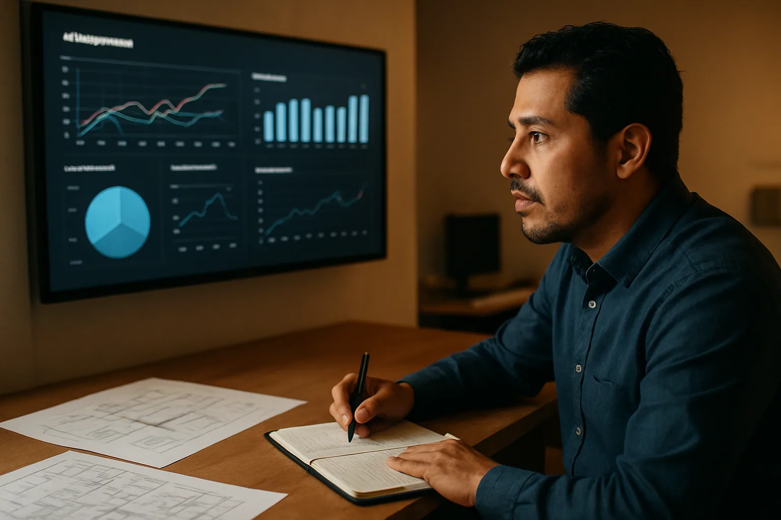 Una persona revisa métricas de uso de tokens en una pantalla de monitoreo mientras trabaja en una sala de operaciones de IA con pizarras y gráficos técnicos.