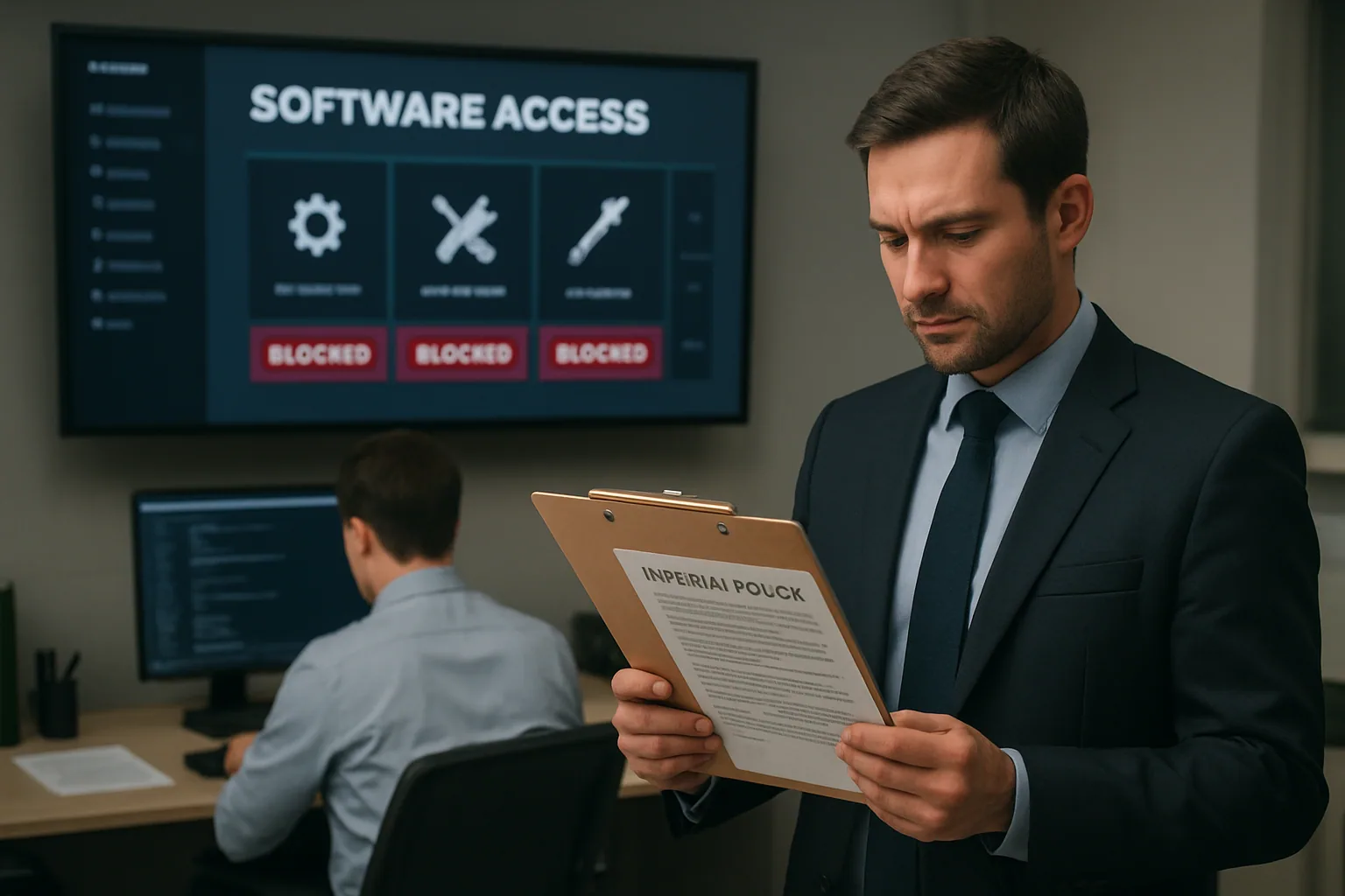 Una persona de seguridad informática revisa políticas de acceso en una sala de control corporativa mientras en una pantalla se ven reglas de uso de herramientas de IA para desarrollo.