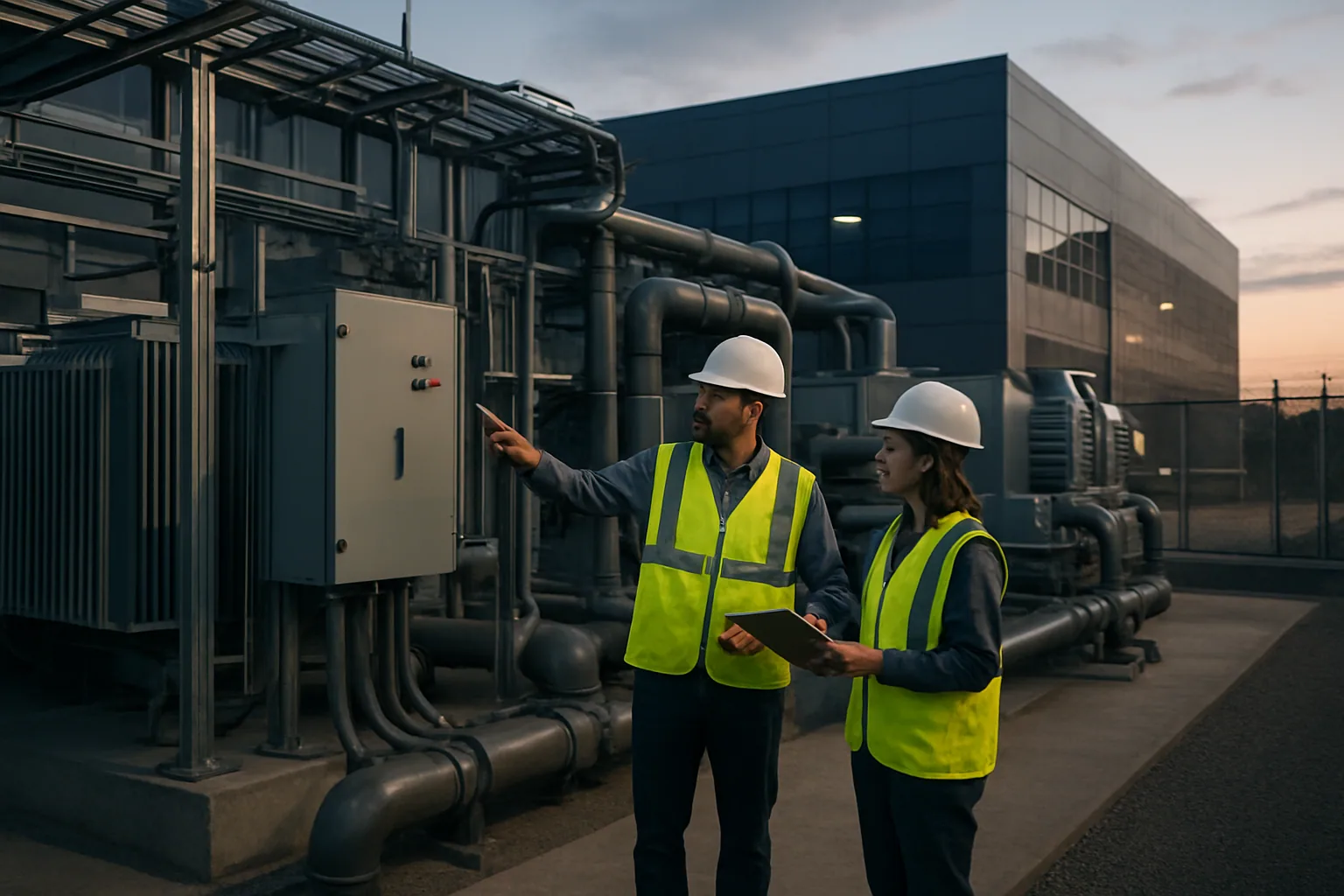 Un centro de datos de gran escala con filas de servidores y técnicos revisando equipos de energía y refrigeración en una instalación industrial.