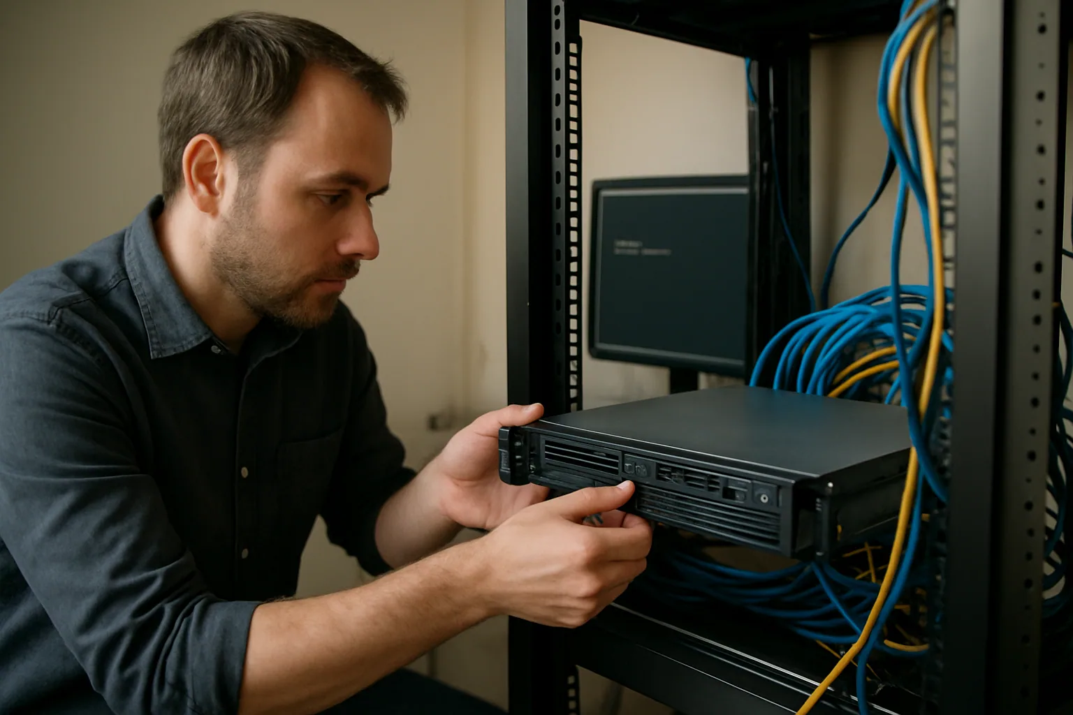 Un administrador revisa un servidor compacto en un rack pequeño mientras una terminal muestra Alpine Linux en una pantalla conectada al equipo.