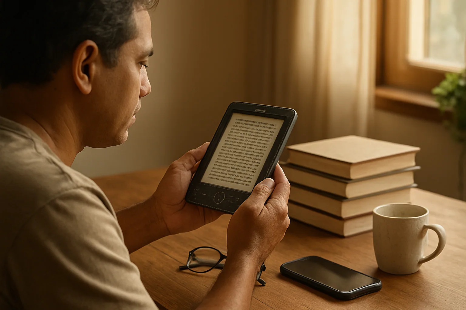 Una persona sostiene un Kindle antiguo junto a varios libros y un teléfono móvil sobre una mesa de madera, mostrando el contraste entre un lector viejo y otros dispositivos.