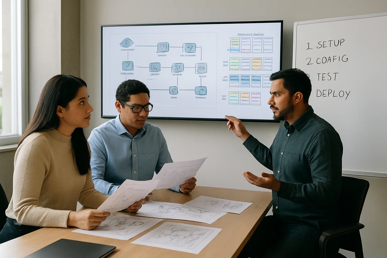 Un equipo técnico revisa una arquitectura de IA en una sala de reuniones moderna con pantallas mostrando flujos de agentes y despliegues en AWS.