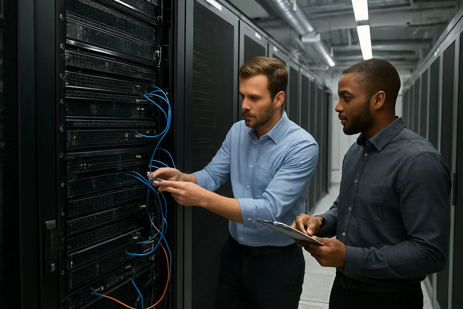 Un rack de servidores en un centro de datos moderno con técnicos revisando cableado y módulos de cómputo.