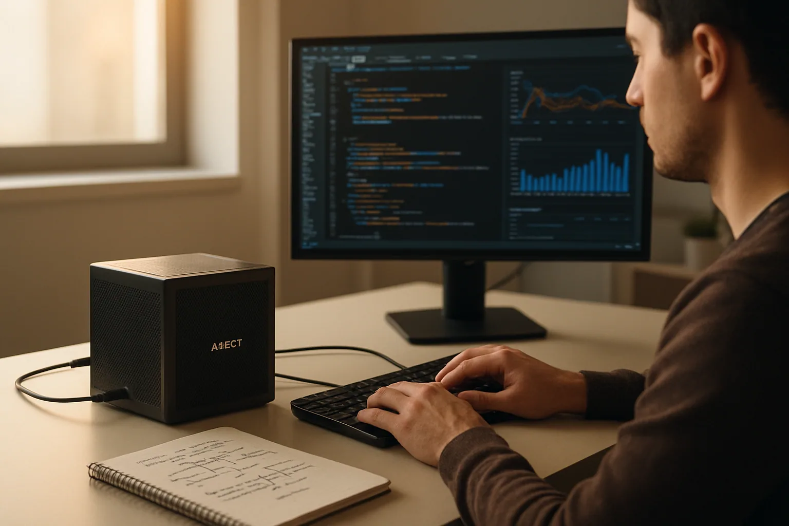 Una estación de trabajo compacta sobre un escritorio de laboratorio con una placa AMD Ryzen AI Halo conectada a un monitor que muestra métricas de inferencia y una persona revisando notas técnicas.