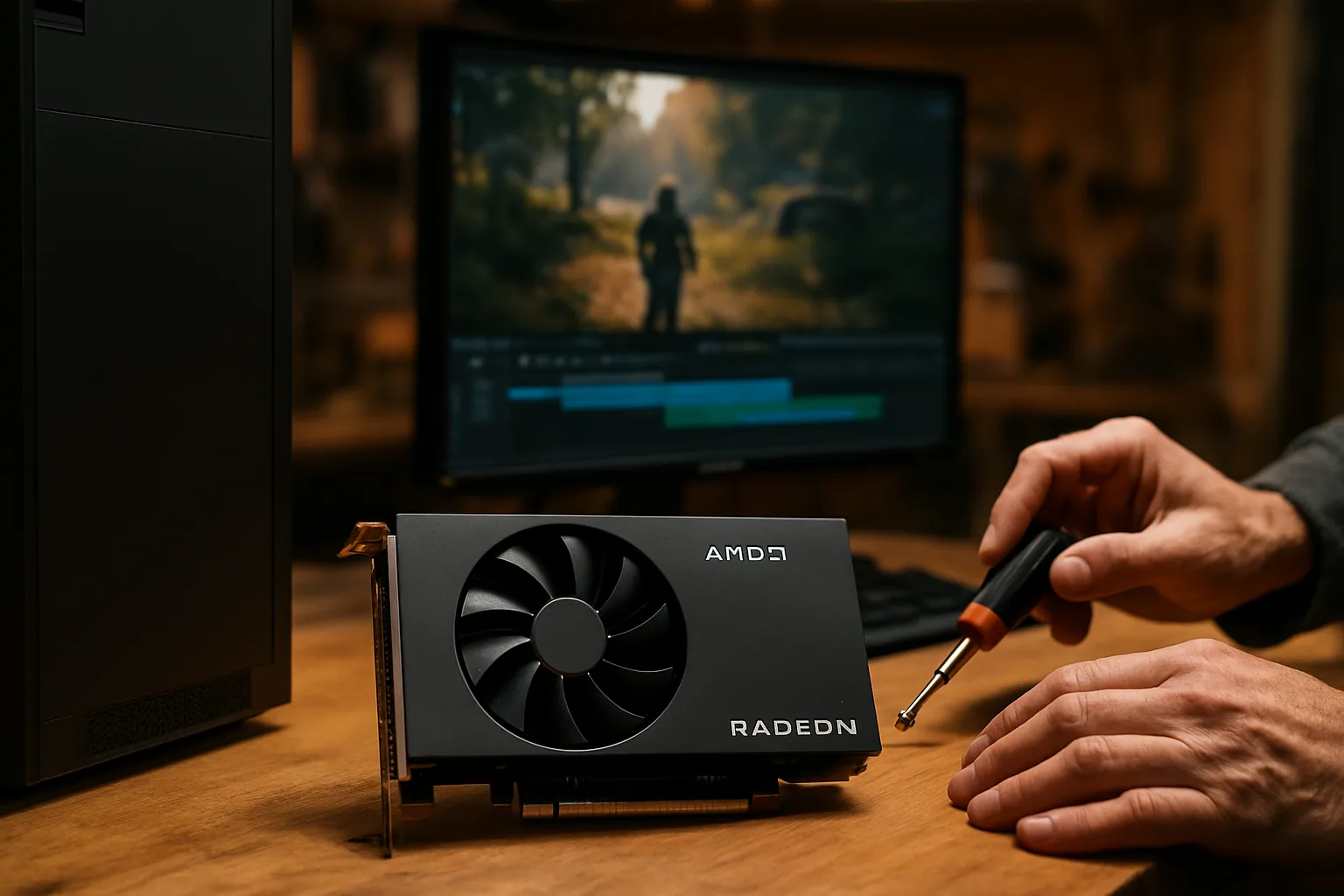 Una tarjeta gráfica AMD sobre una mesa de trabajo junto a un monitor mostrando un juego en 1080p y herramientas de edición abiertas.