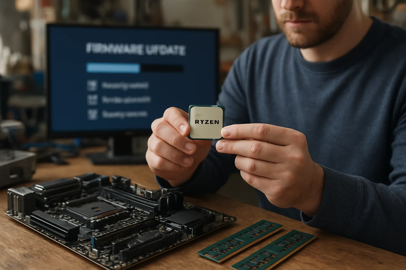 Una placa madre AM5 con un procesador Ryzen instalado sobre una mesa de trabajo, junto a una memoria RAM y una herramienta de diagnóstico abierta en una pantalla.