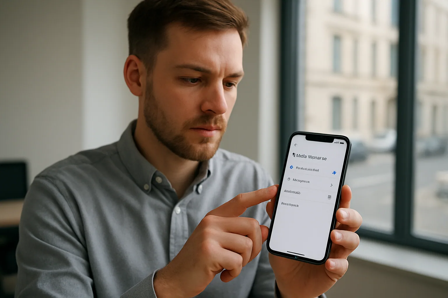 Una persona sostiene un teléfono Android mientras revisa una pantalla de configuración de asistentes de IA en una oficina moderna.