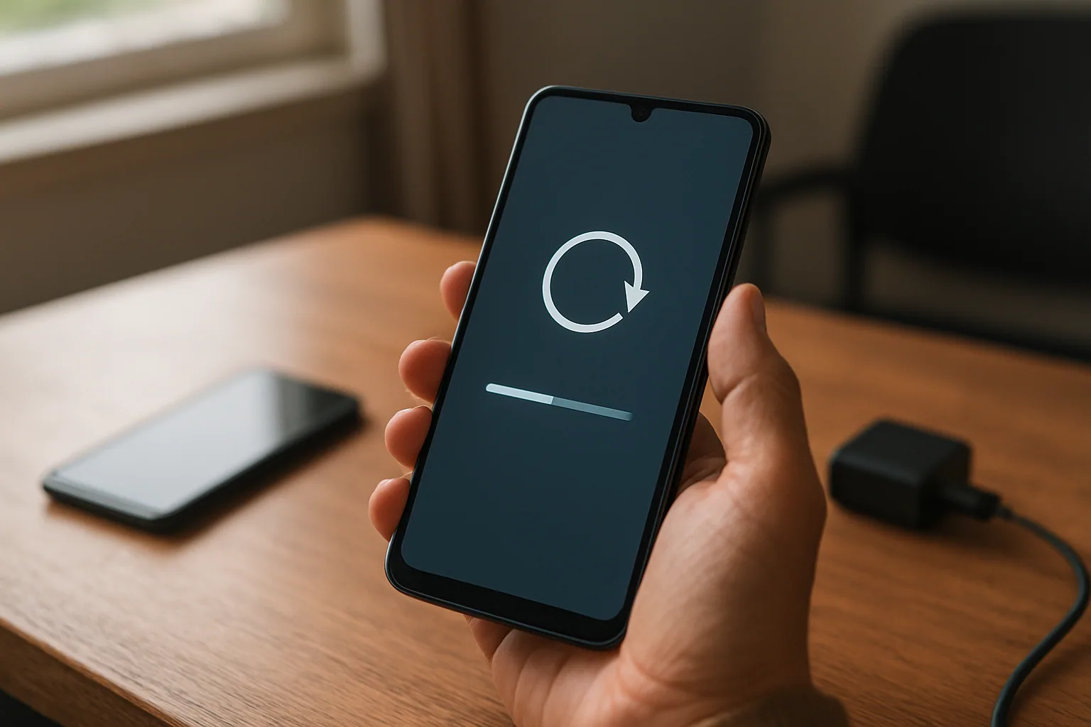 Un teléfono Android sobre una mesa con la pantalla de actualización de seguridad abierta y una mano a punto de tocar el botón instalar.
