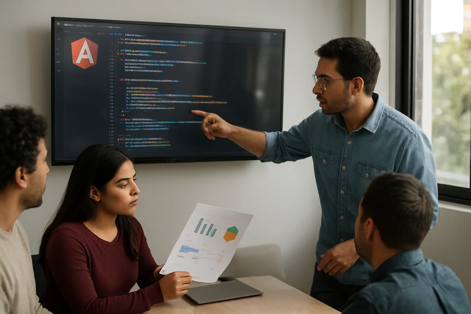 Un equipo de desarrollo revisa una aplicación web en una sala de trabajo moderna mientras una pantalla muestra código y métricas de rendimiento.