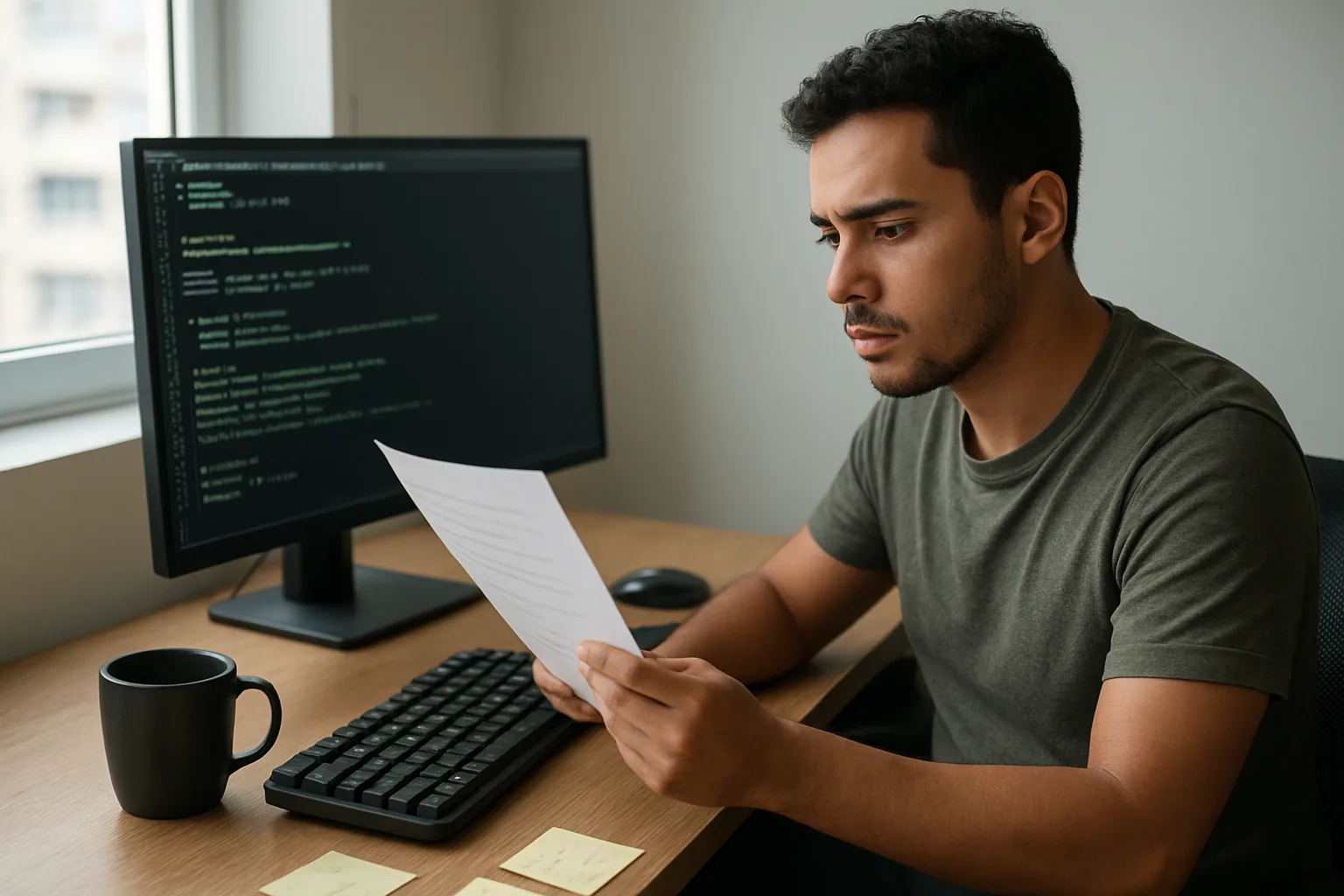 Una persona revisa documentación técnica en una pantalla de escritorio mientras una terminal muestra comandos de JavaScript y varias notas impresas sobre la mesa.