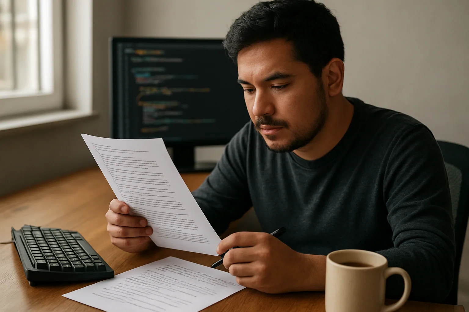 Una persona revisa documentación técnica en una mesa de trabajo con libreta, teclado mecánico y una pantalla con código desenfocado al fondo en una oficina moderna.