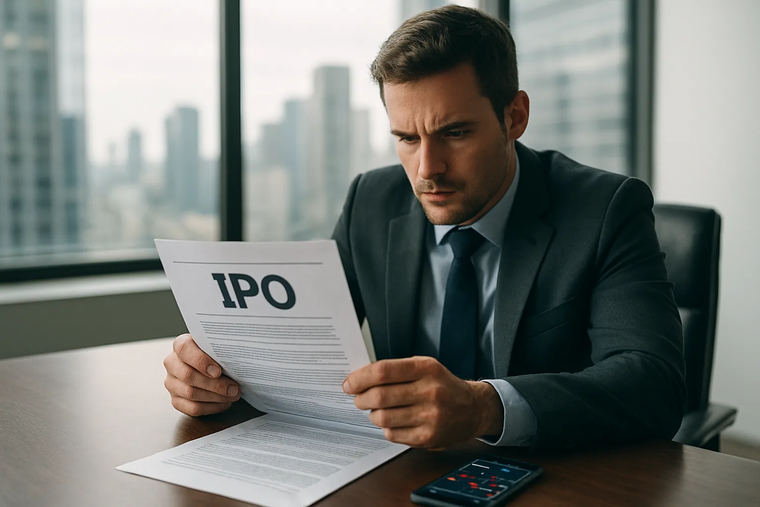 Una persona revisa documentos financieros en una mesa de oficina moderna con gráficos impresos y una pantalla al fondo mostrando un tablero bursátil desenfocado.