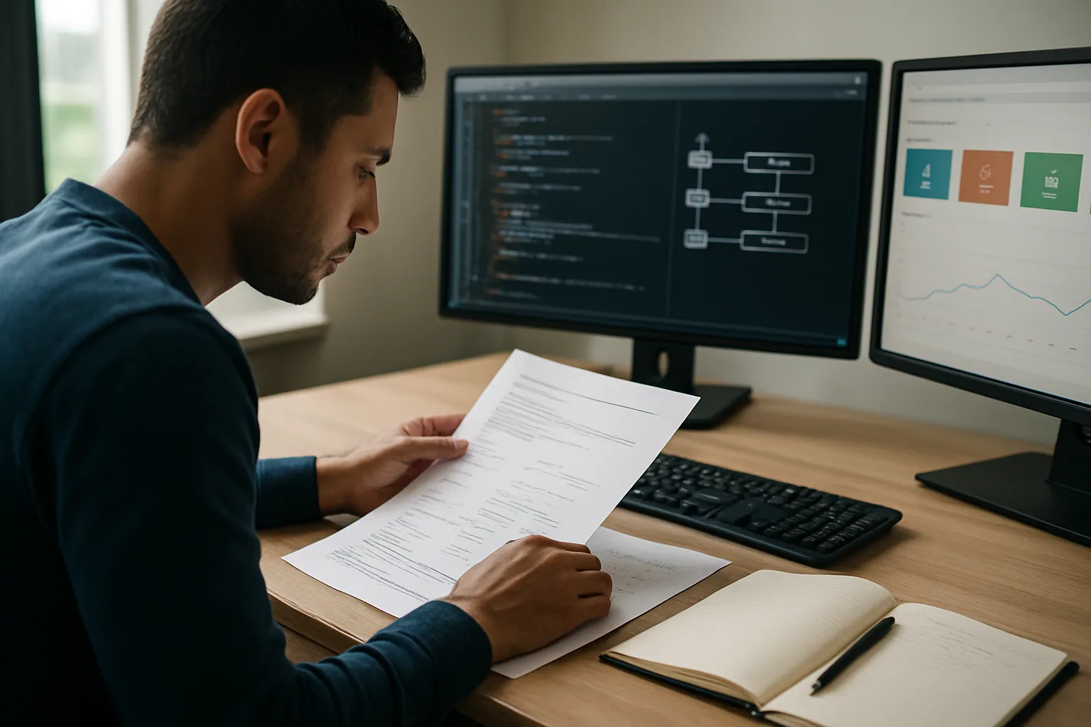 Una persona revisa documentación técnica impresa junto a una pantalla con un editor de código y diagramas de APIs en una oficina moderna.