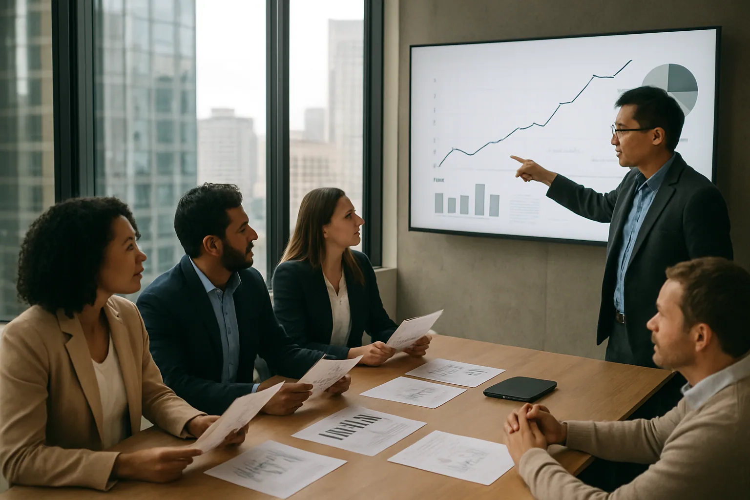 Una sala de juntas moderna con varias personas revisando documentos financieros y pantallas con gráficos de inversión, en un contexto corporativo de tecnología.