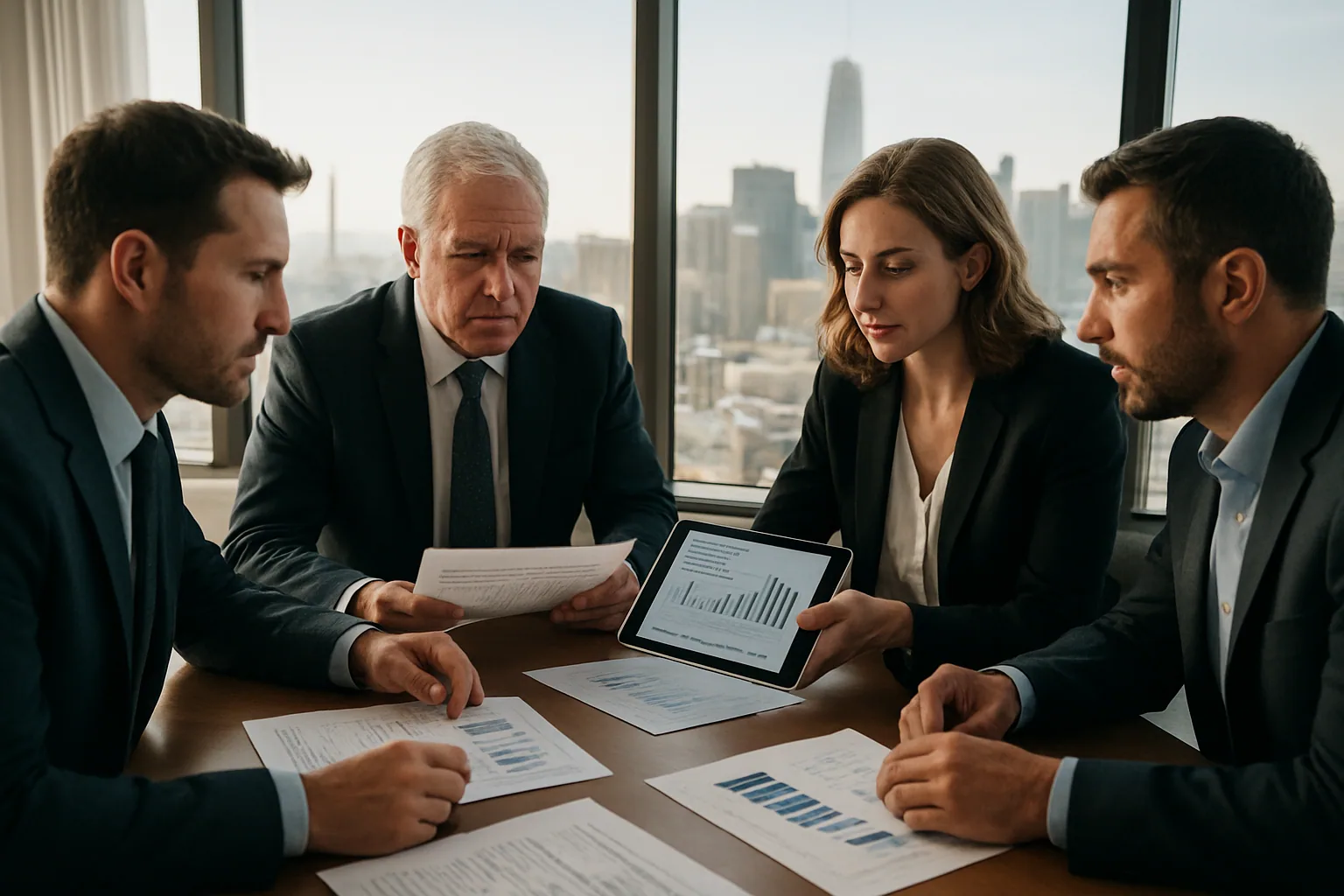 Un equipo ejecutivo de Anthropic revisa documentos financieros en una sala de juntas moderna mientras una pantalla al fondo muestra gráficos de inversión y crecimiento.