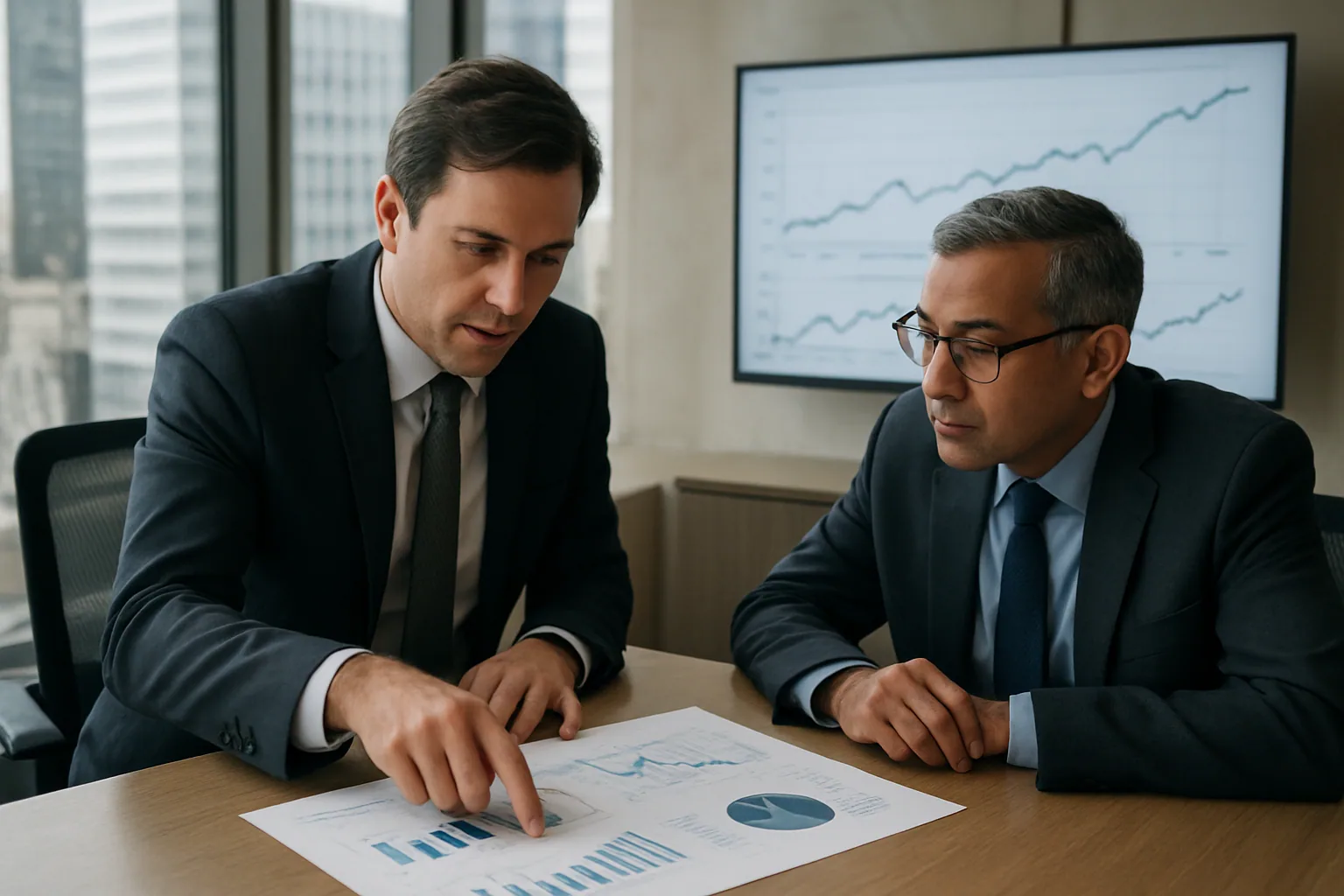 Dos ejecutivos revisan cifras en una sala de juntas mientras al fondo aparece una pantalla con gráficos financieros y el nombre de dos empresas de IA.