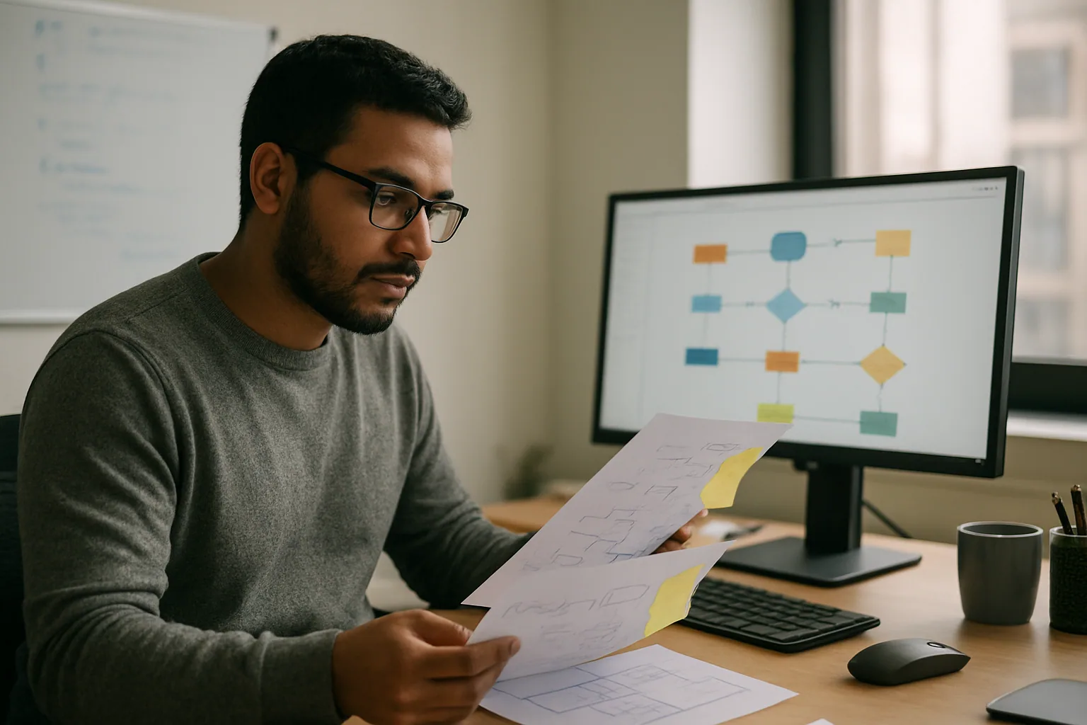 Una persona revisa notas técnicas impresas junto a un monitor con diagramas de flujo de IA en una oficina moderna.