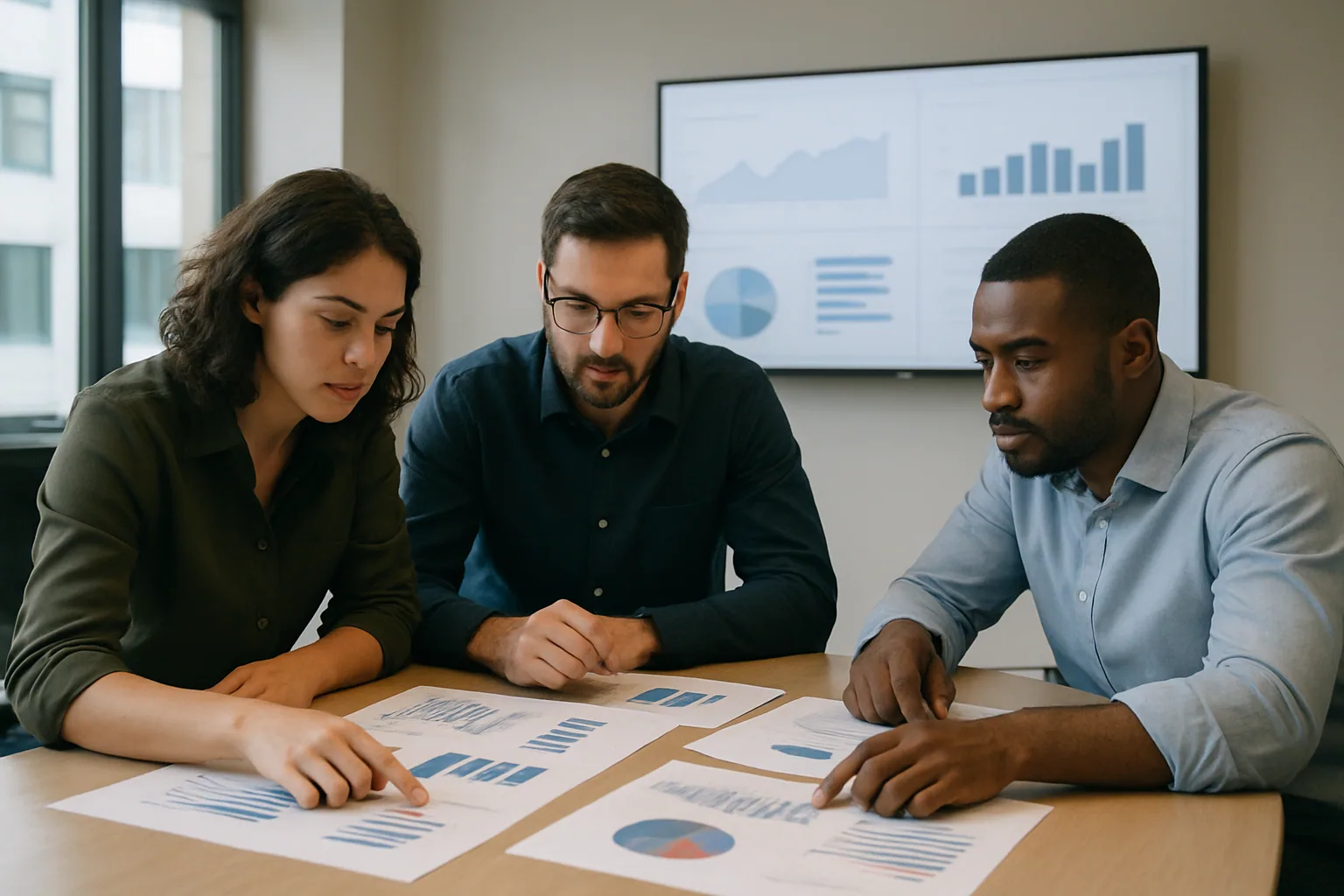 Equipo técnico revisando métricas de adopción de IA en una sala de producto moderna mientras una pantalla muestra gráficos de crecimiento y despliegue empresarial.