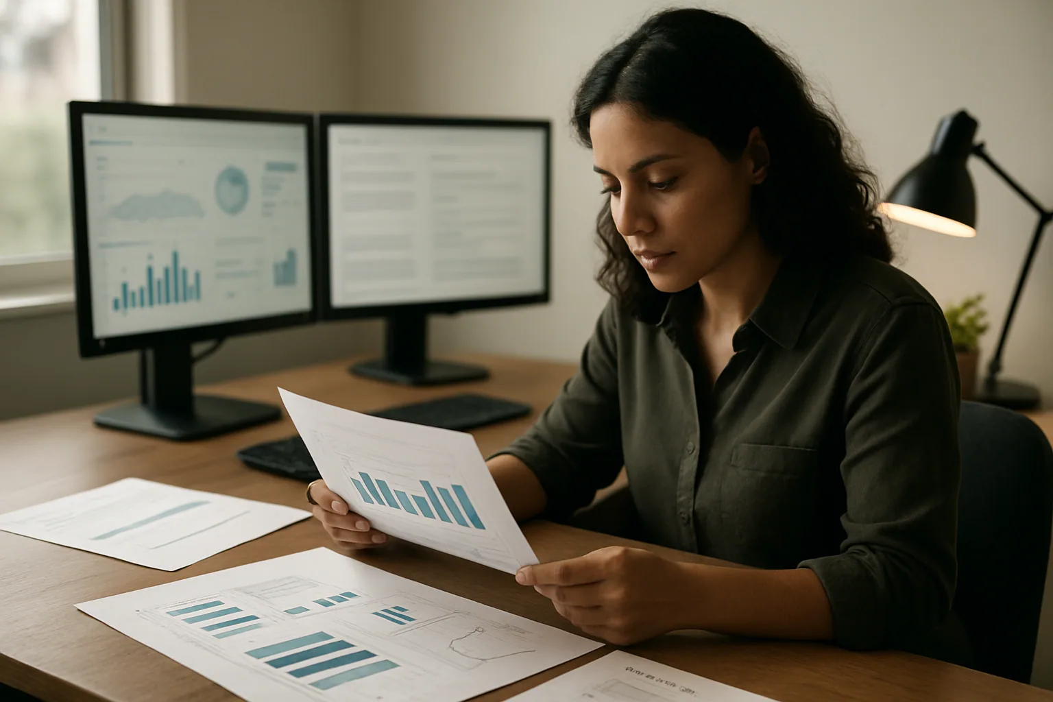 Una persona revisa en una mesa de oficina informes de uso de IA junto a dos pantallas con dashboards de métricas y notas adhesivas.