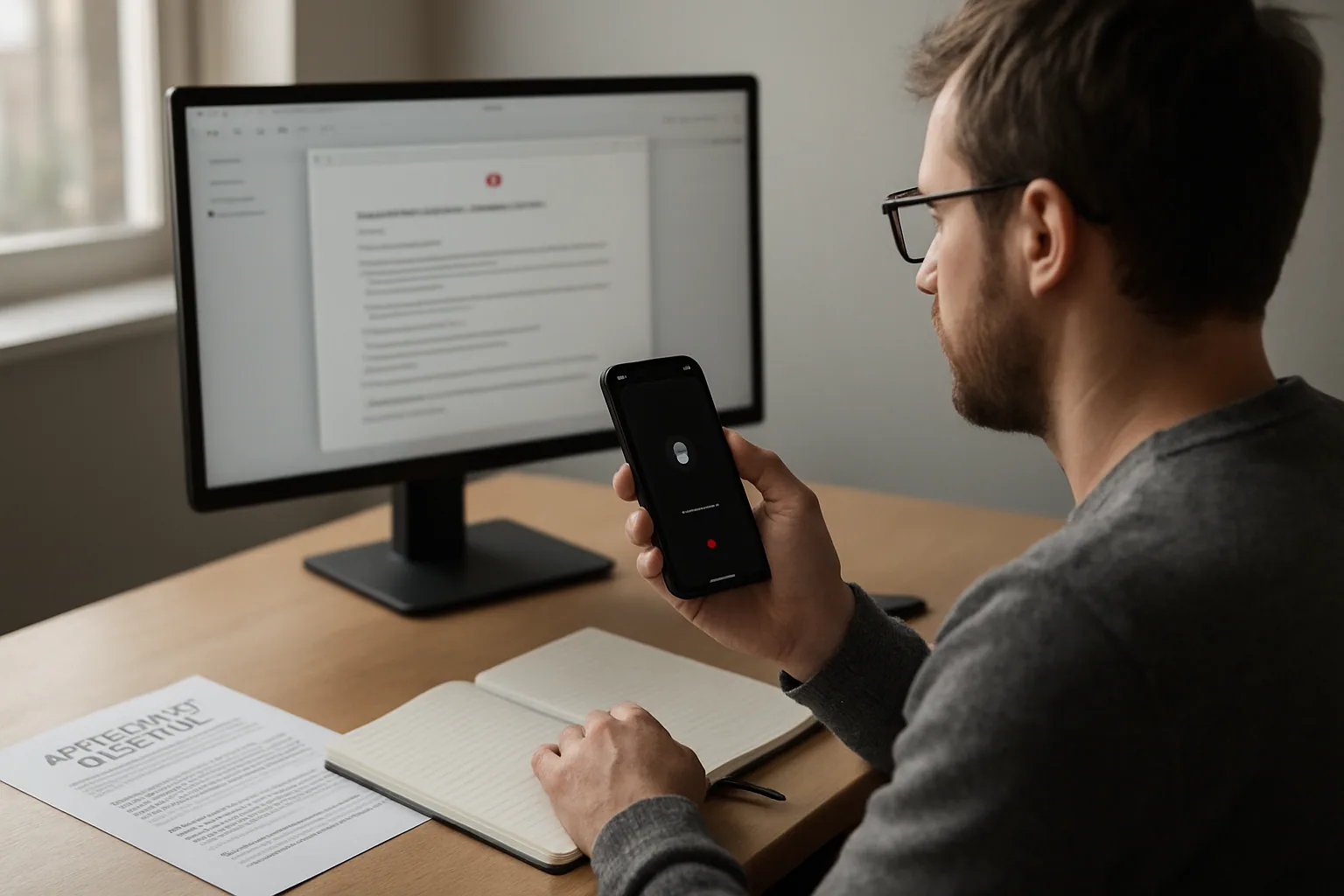 Una persona revisa en una pantalla la aprobación de una app de dictado mientras sostiene un iPhone y documentos de accesibilidad sobre un escritorio.