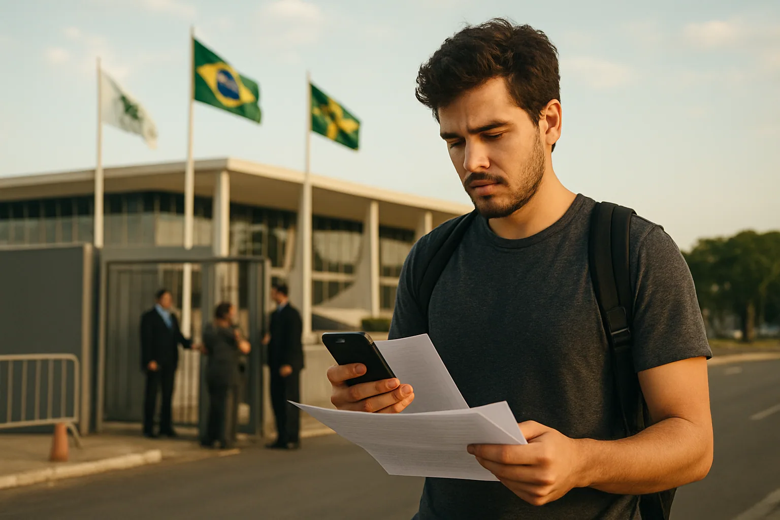 Una persona sostiene un iPhone frente a un edificio gubernamental en Brasilia mientras mira una pantalla con iconos de apps.