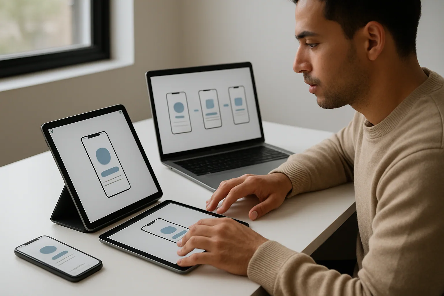 Una persona desarrolla en un escritorio con un iPhone, un iPad y un MacBook abiertos, mostrando un flujo de trabajo de apps con IA local.