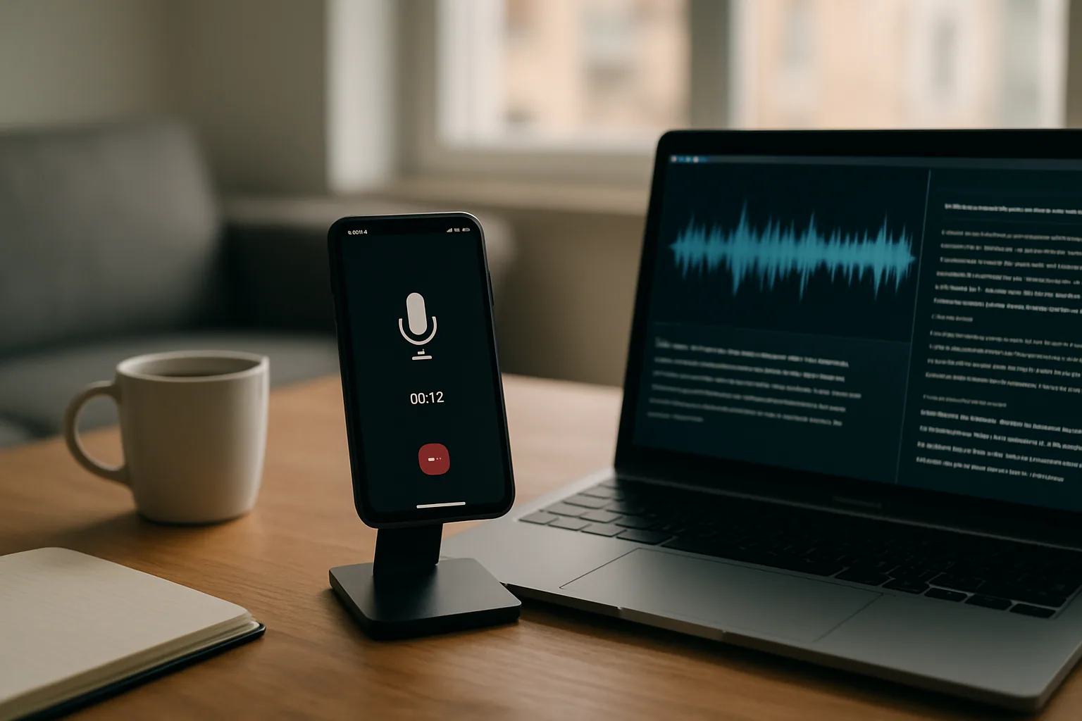 Una persona sostiene un iPhone junto a un MacBook en una mesa de trabajo, con una app de transcripción de voz abierta en ambas pantallas.
