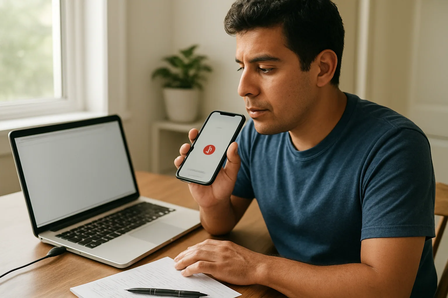 Un iPhone y un MacBook sobre una mesa con una aplicación de transcripción abierta y una persona dictando frente al micrófono.