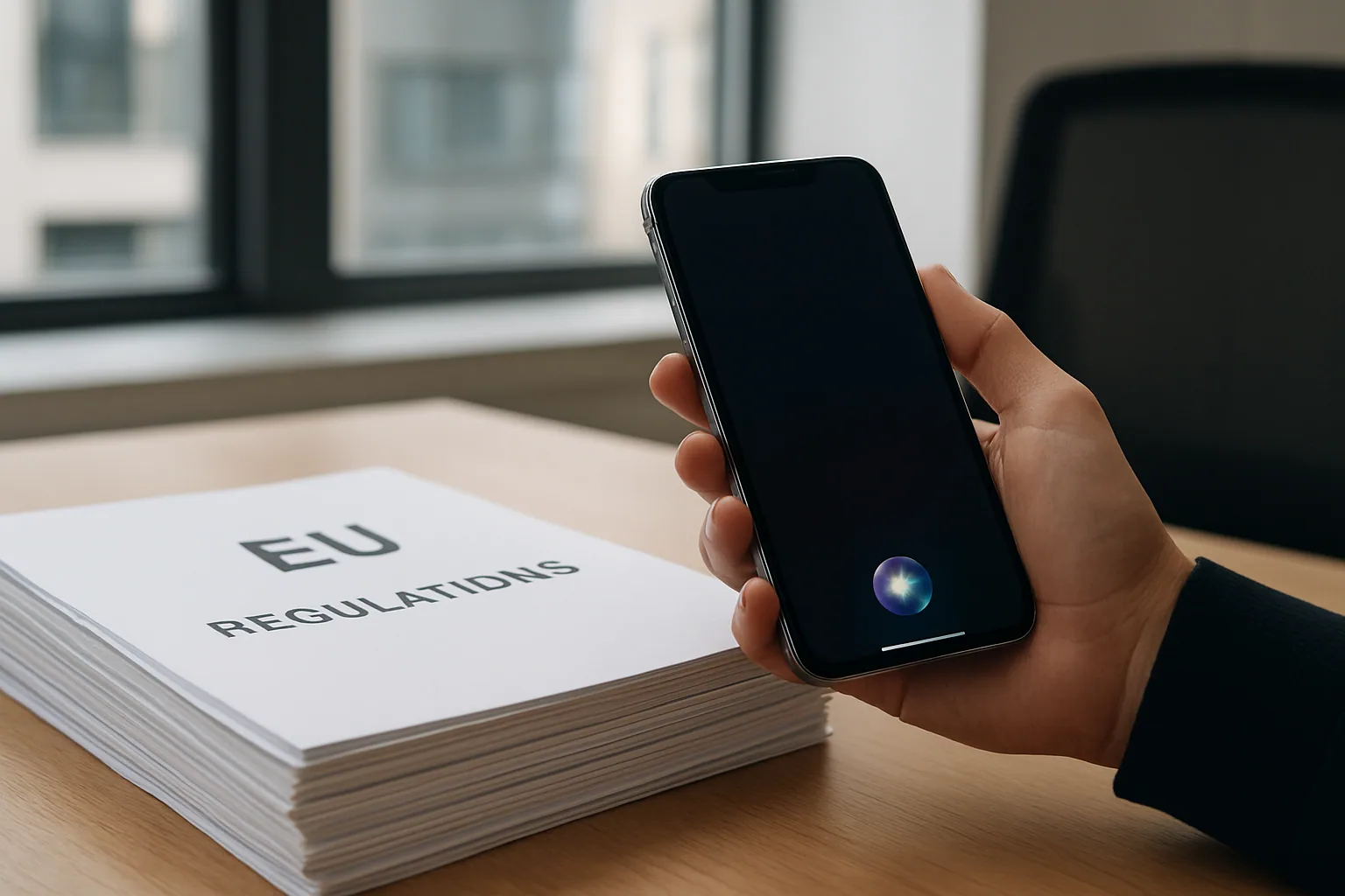 Una persona sostiene un iPhone con Siri en pantalla mientras al fondo se ve una oficina moderna y documentos de regulación sobre una mesa.