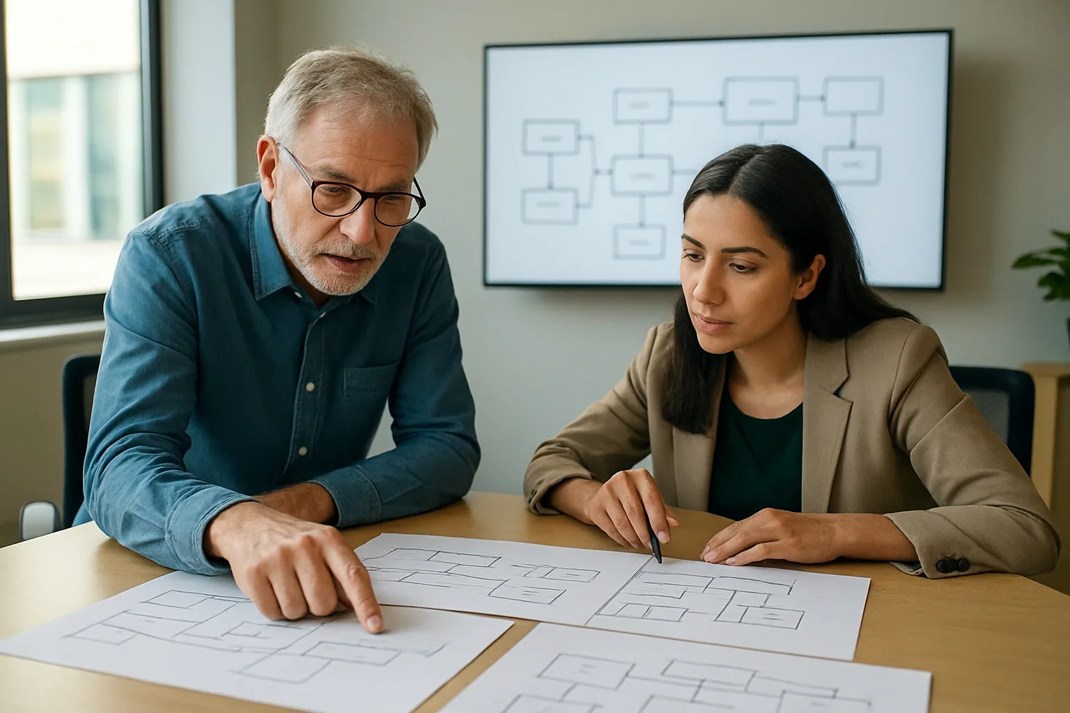 Un ejecutivo revisa un informe técnico en una sala de reuniones moderna mientras en una pantalla se ve un diagrama de arquitectura de IA con nodos conectados.