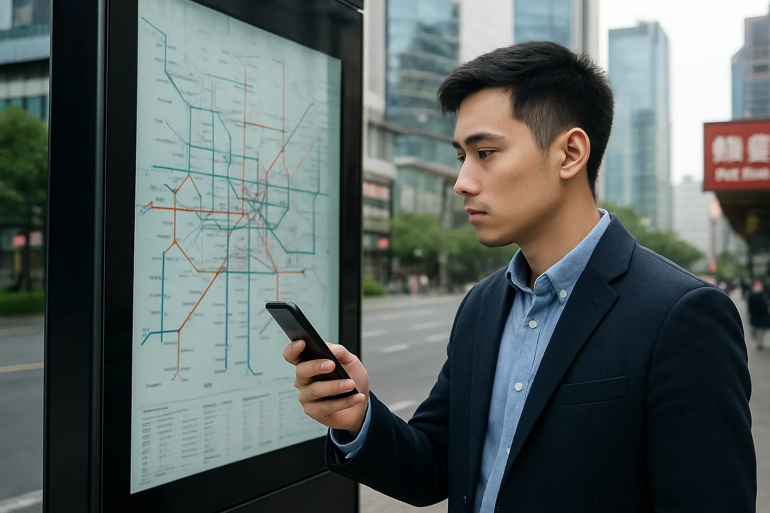 Un usuario sostiene un iPhone frente a una pantalla con una interfaz de IA en un entorno urbano de China, con edificios y letreros al fondo.