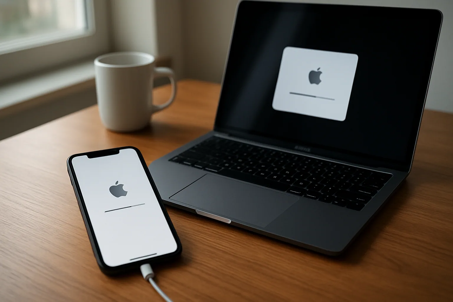 Un iPhone y una MacBook sobre una mesa muestran pantallas de actualización de software de Apple en un escritorio moderno.