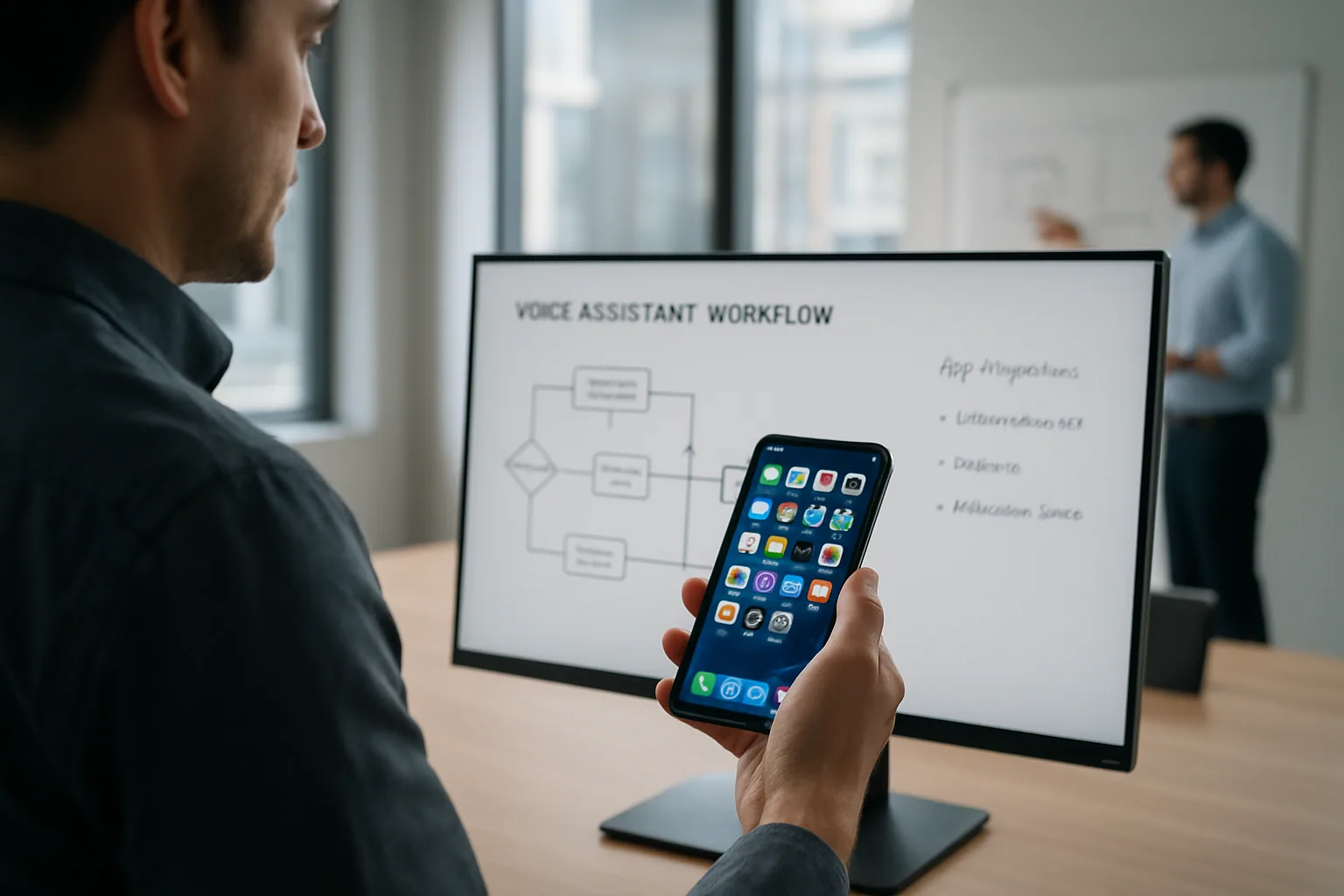 Una persona sostiene un iPhone frente a una pantalla de trabajo con un gráfico de IA y una interfaz de Siri, en una oficina moderna con luz natural.