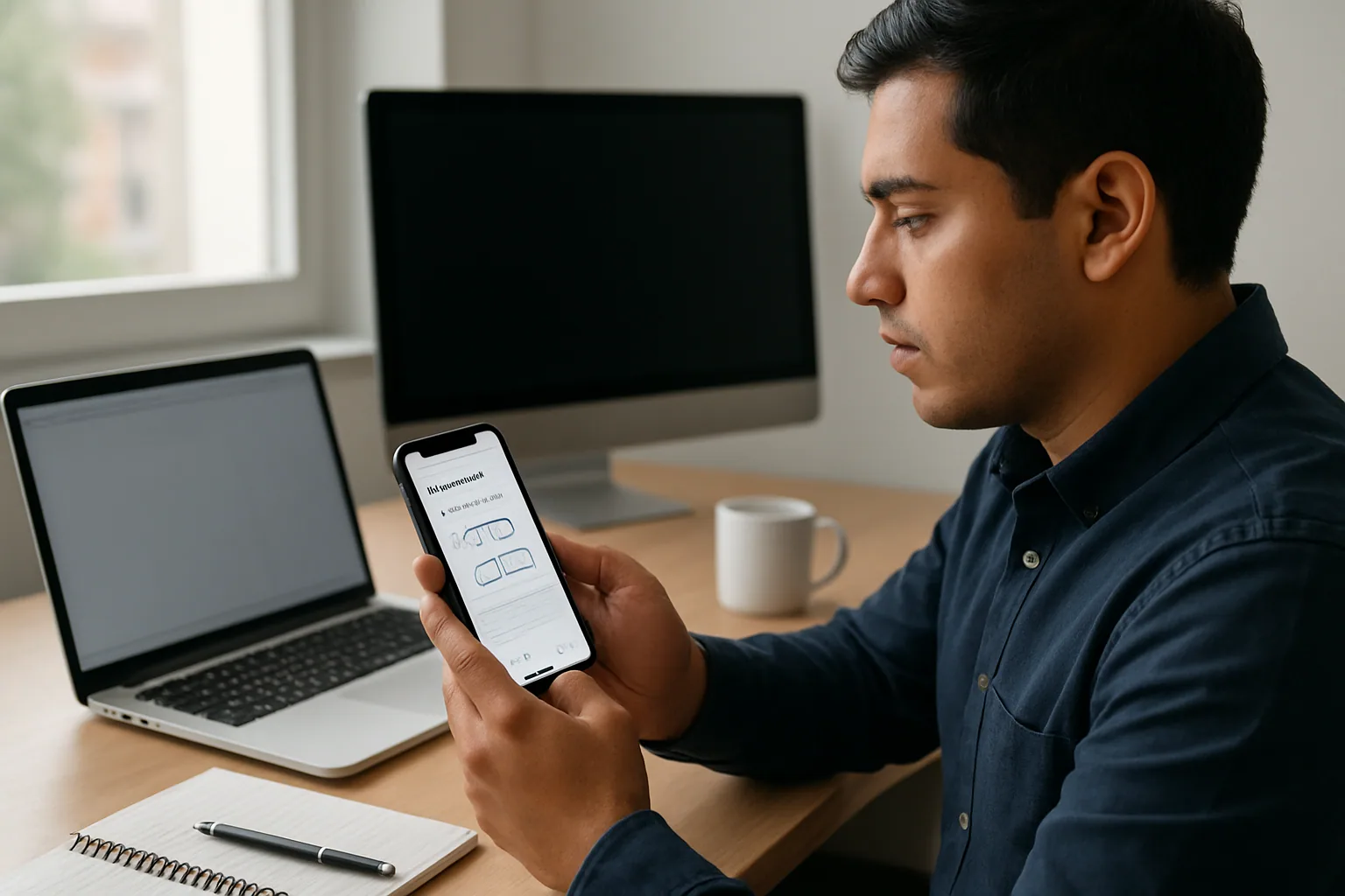Un iPhone y una MacBook sobre una mesa de trabajo con un teléfono mostrando una interfaz de IA y una persona usando ambos dispositivos en un entorno de oficina moderno.