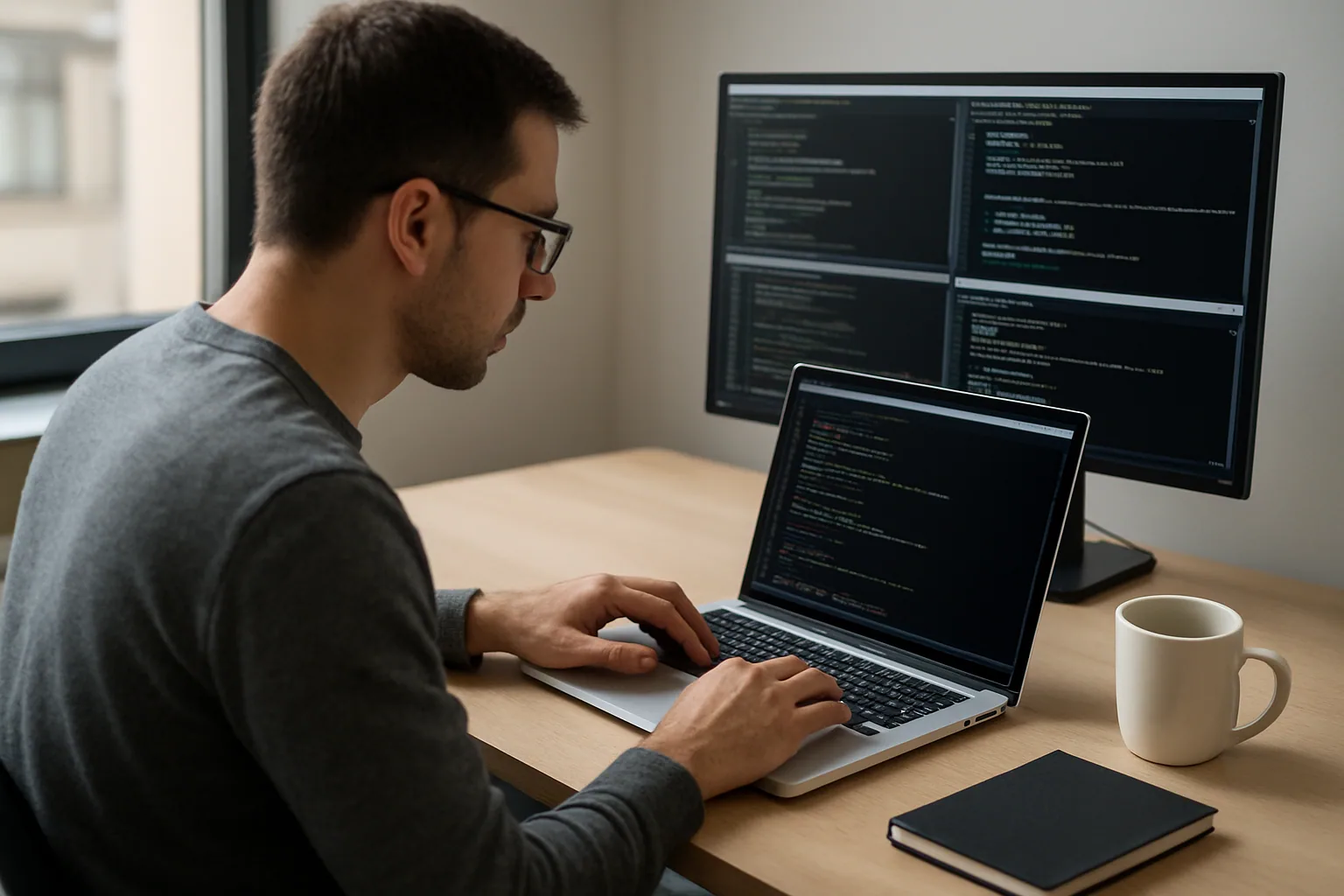 Un desarrollador trabaja frente a una MacBook Pro en una mesa de oficina, con una terminal abierta y un monitor externo mostrando un entorno de contenedores local.