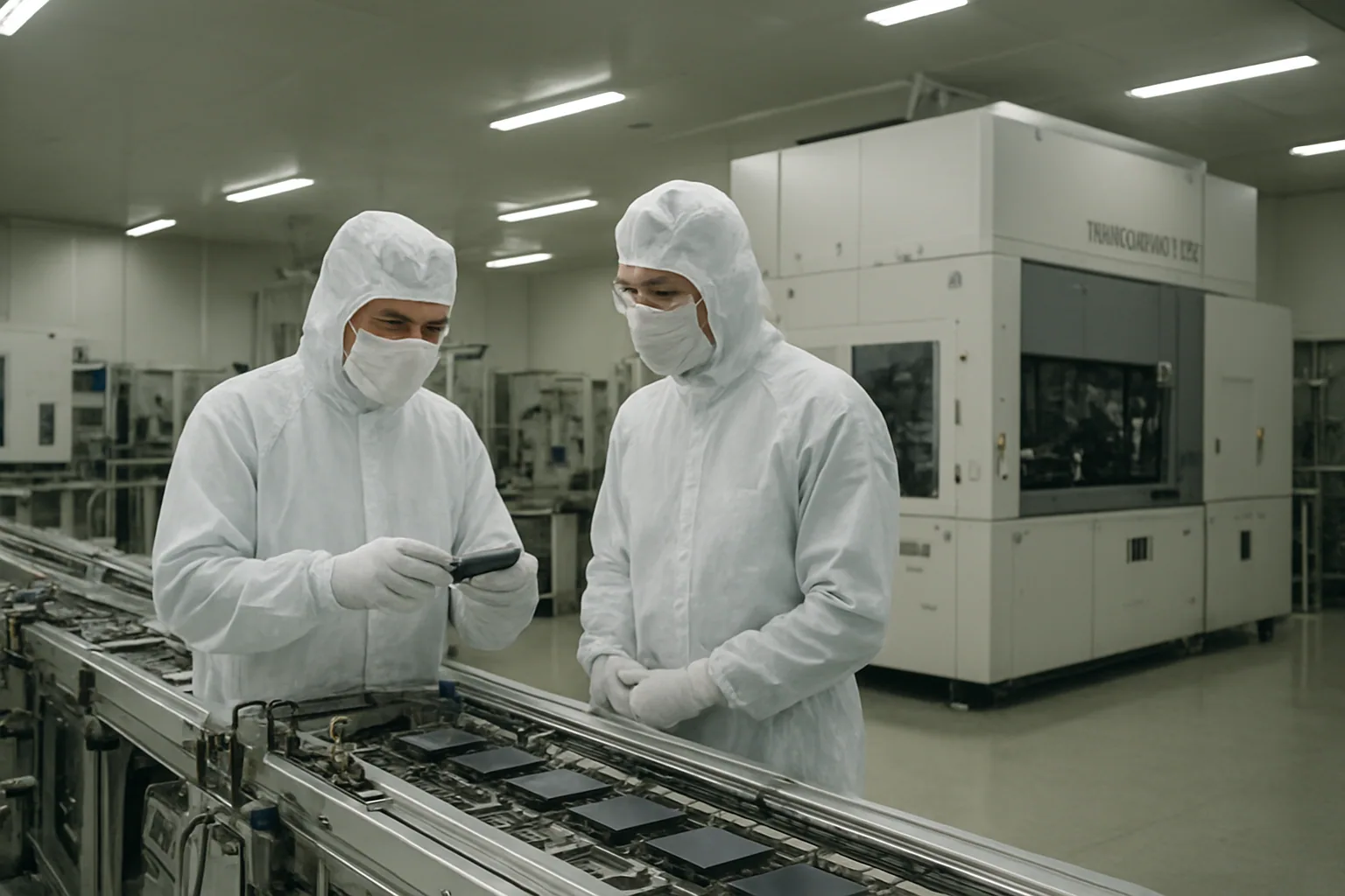 Una planta de fabricación de semiconductores con técnicos trabajando junto a equipos de inspección y racks industriales bajo iluminación blanca.