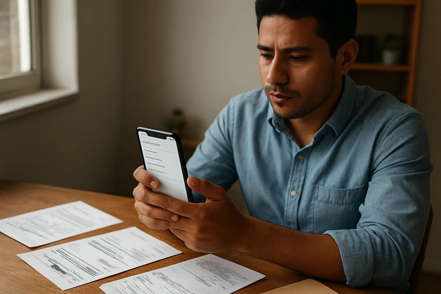 Una persona revisa en su iPhone una pantalla de ajustes de correo mientras al fondo se ve un escritorio con papeles de suscripciones y facturas.