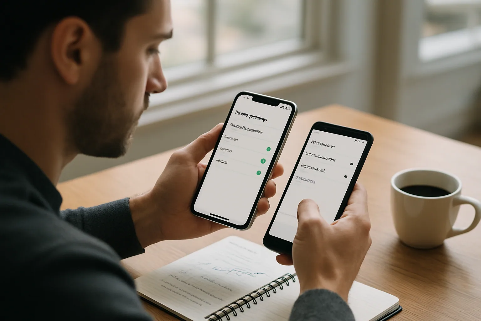 Una persona revisa notificaciones en un celular Android y un iPhone sobre una mesa de trabajo, con una libreta y café al lado.