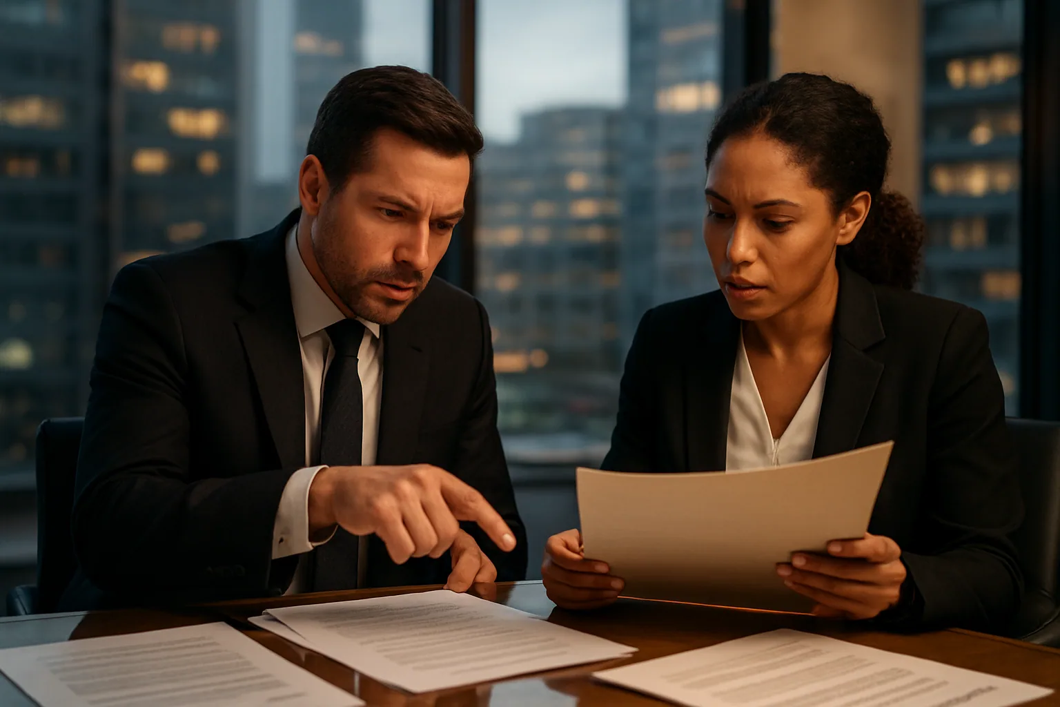 Una oficina moderna con dos abogados revisando documentos frente a una pantalla que muestra organigramas de equipos de inteligencia artificial.