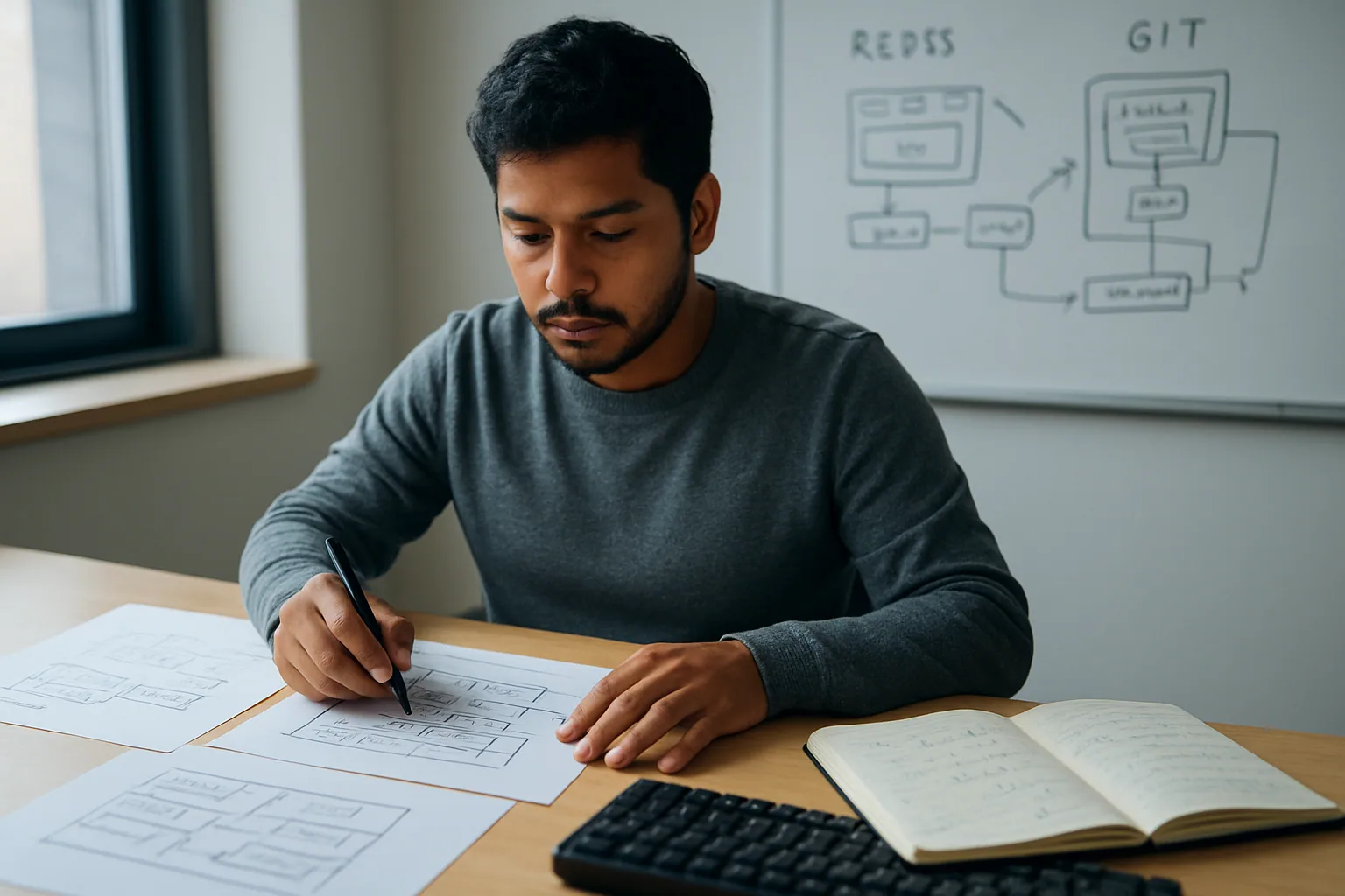 Una persona revisa notas técnicas junto a diagramas de Redis y Git impresos sobre una mesa de trabajo en una oficina iluminada de forma natural.